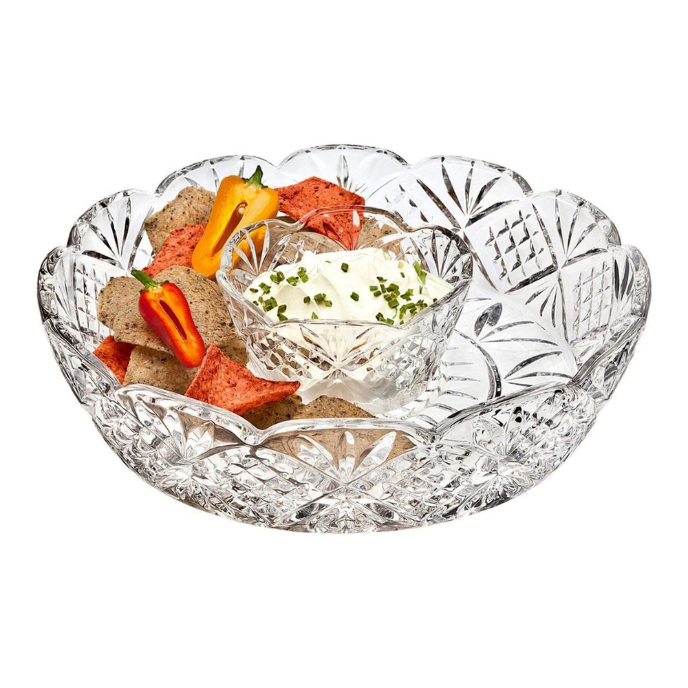 Dublin Crystal Collection 2 Piece Crystal Chip and Dip Server By Godinger 8”